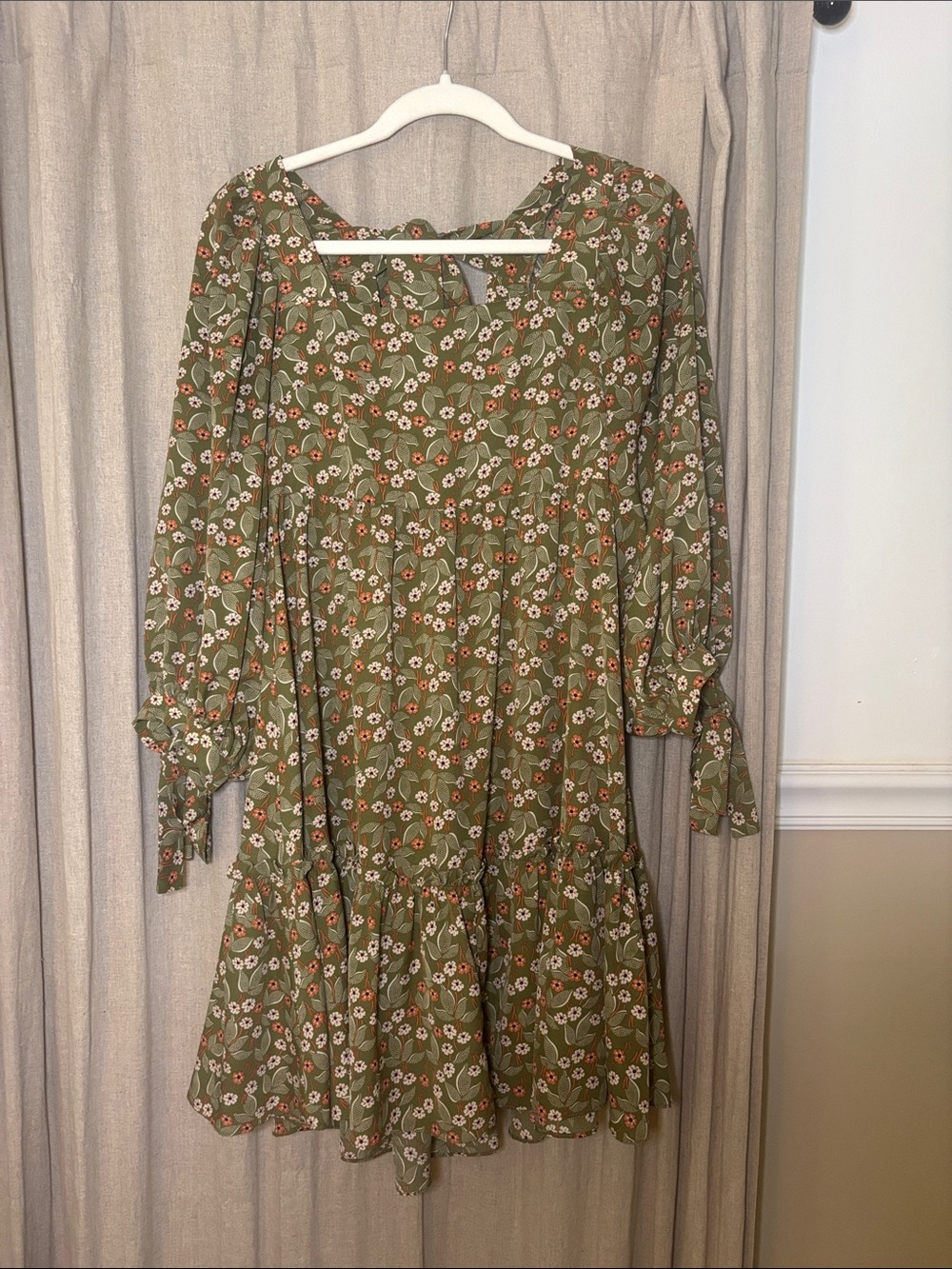 Olive Green Floral Tiered Long Sleeve Dress